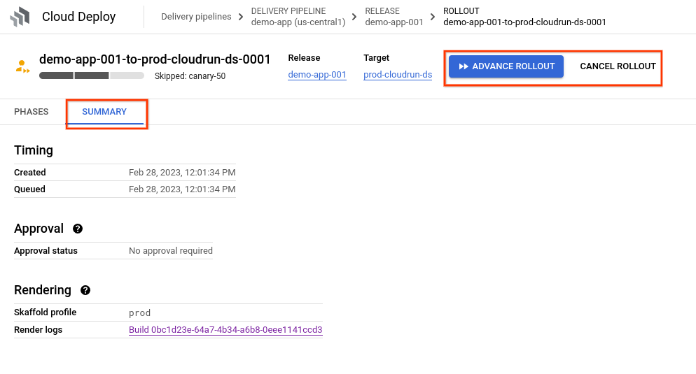 Riepilogo del lancio mostrato nella console Google Cloud