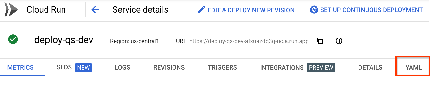 service details page
Google Cloud console, showing the YAML tab