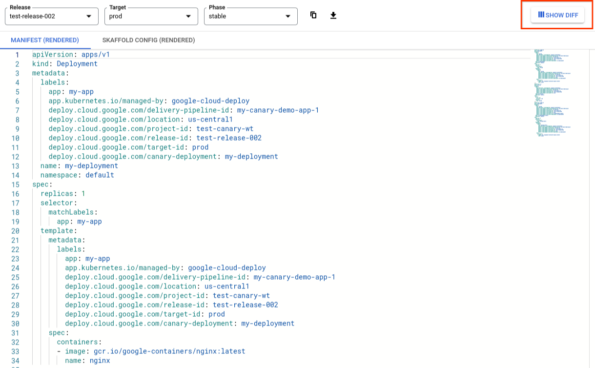 Strumento di controllo delle release che mostra un manifest sottoposto a rendering.