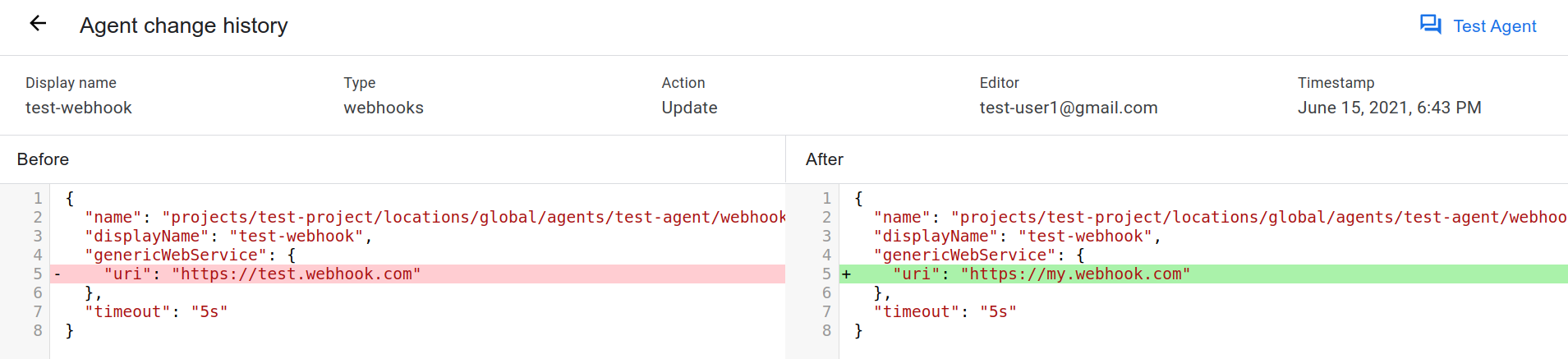 Diff view comparing two versions of an agent configuration