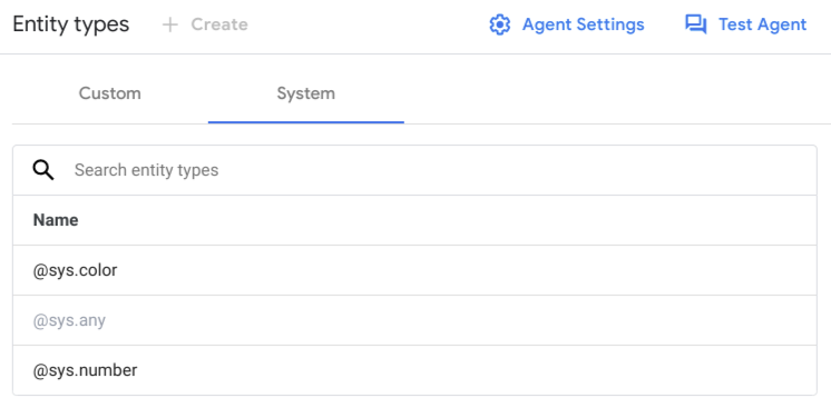 Captura de pantalla de la pestaña Entidades del sistema
