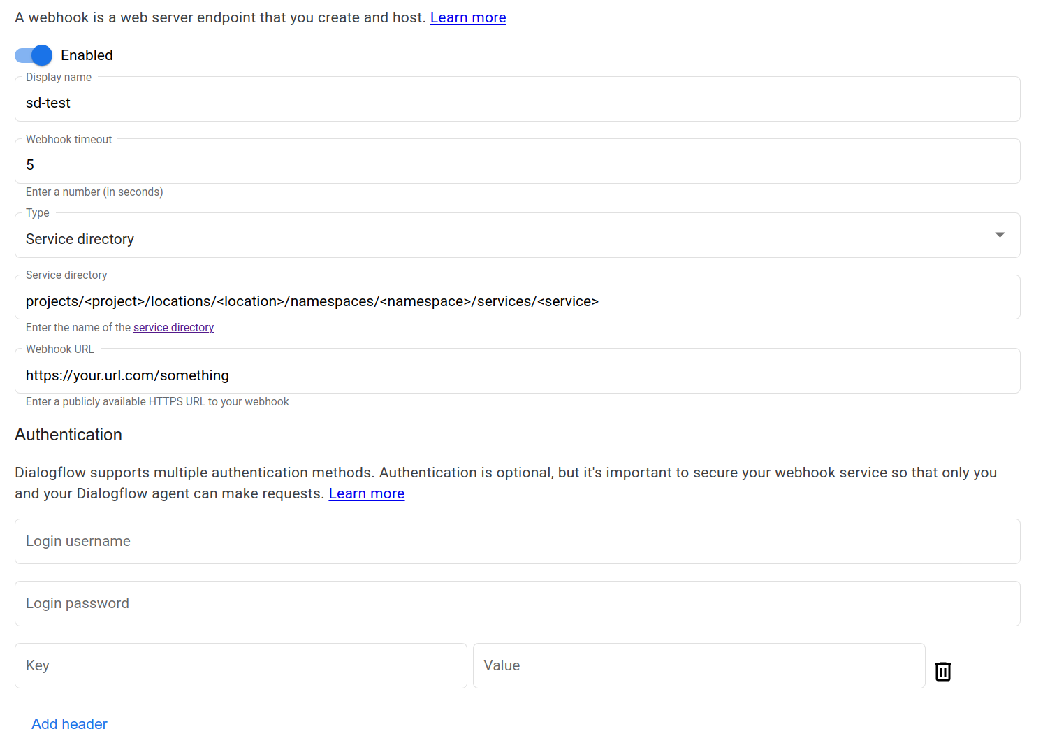 Captura de pantalla de webhook del Directorio de servicios.