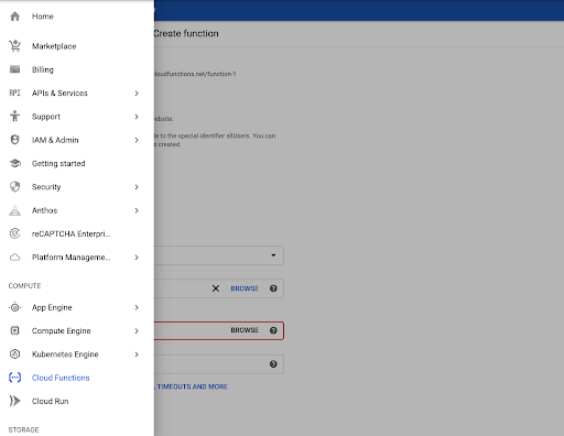 צילום מסך של Cloud Function בתפריט המסוף