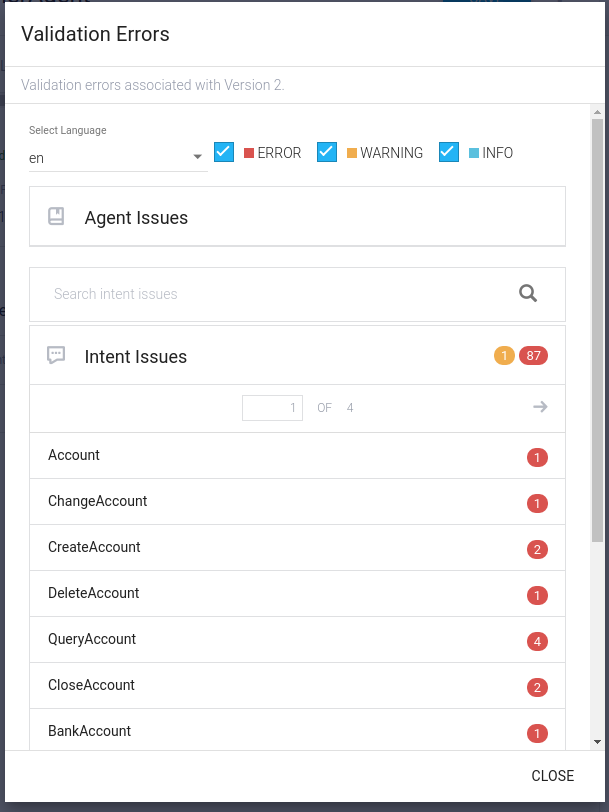 Captura de ecrã do erro de validação do agente