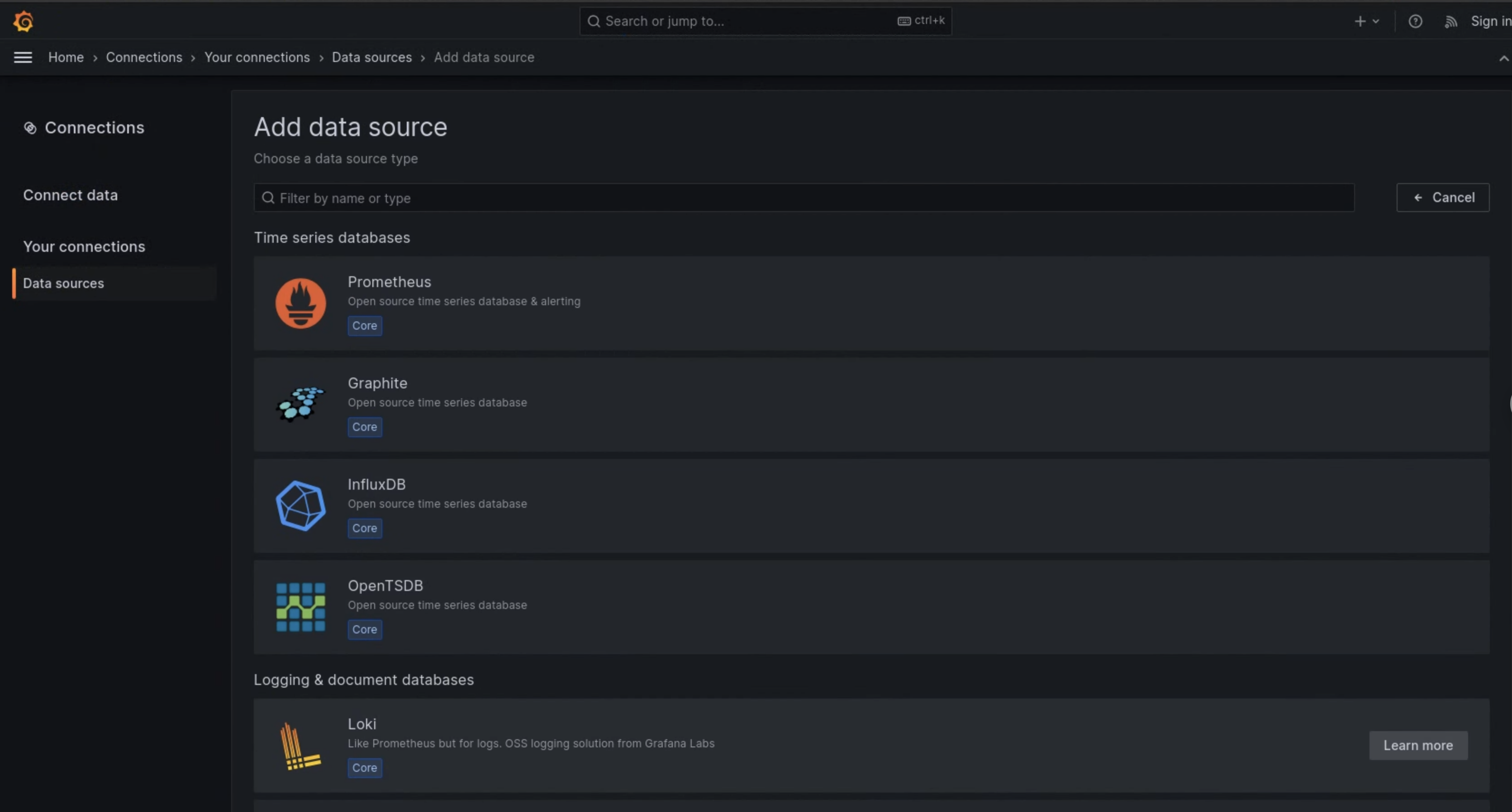 A opção Loki aparece como uma fonte de dados na página "Adicionar fonte de dados" da UI.
