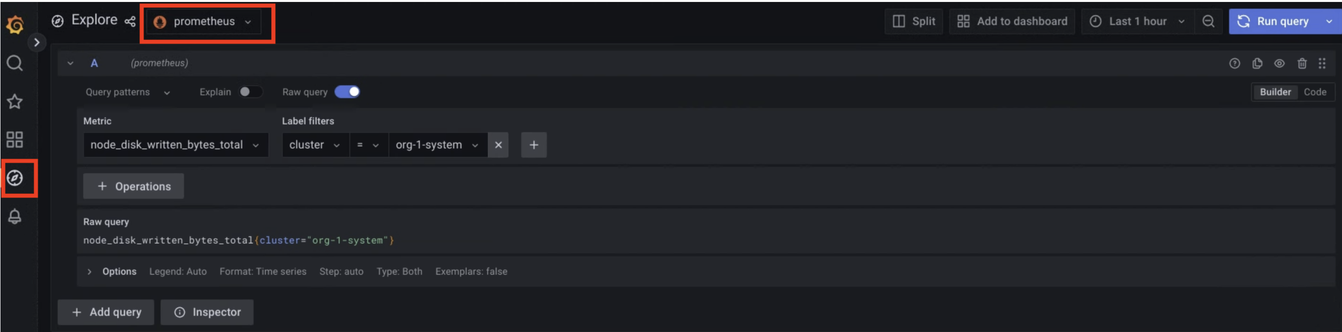 Die Option „Prometheus“ ist auf der Seite „Explore“ ausgewählt, um Messwerte abzurufen.