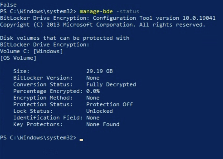 A PowerShell CLI screen with a BitLocker False status after running manage-bde -status