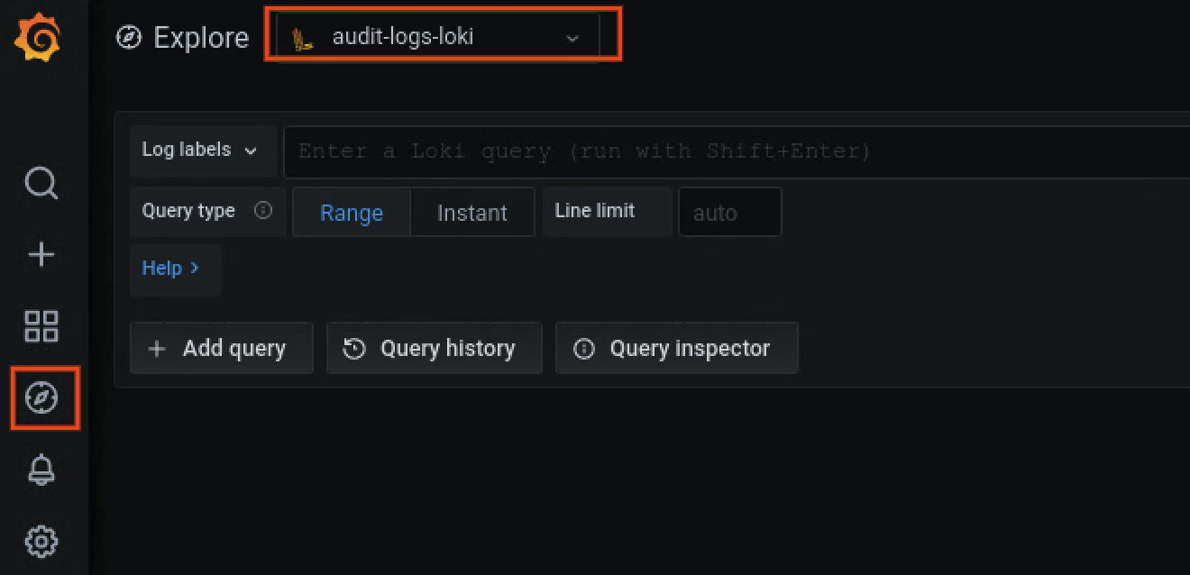 L'opzione audit-logs-loki è selezionata nella pagina Esplora della UI dell'istanza di monitoraggio per il cluster dell'infrastruttura dell'organizzazione.