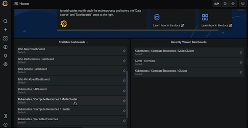 Página principal con una lista de los paneles disponibles y los que se han visto recientemente