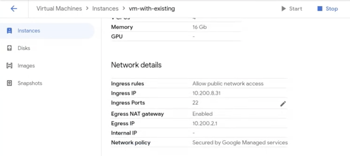 Console-Benutzeroberfläche mit der Liste der Netzwerkdetails und dem Symbol zum Bearbeiten der Ingress-Ports