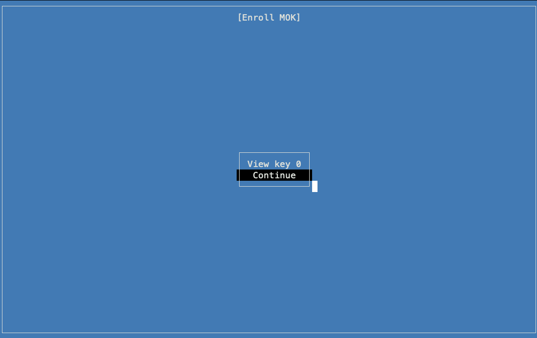Pantalla de administración de MOK de la consola en serie de la VM con la opción "Continuar" seleccionada