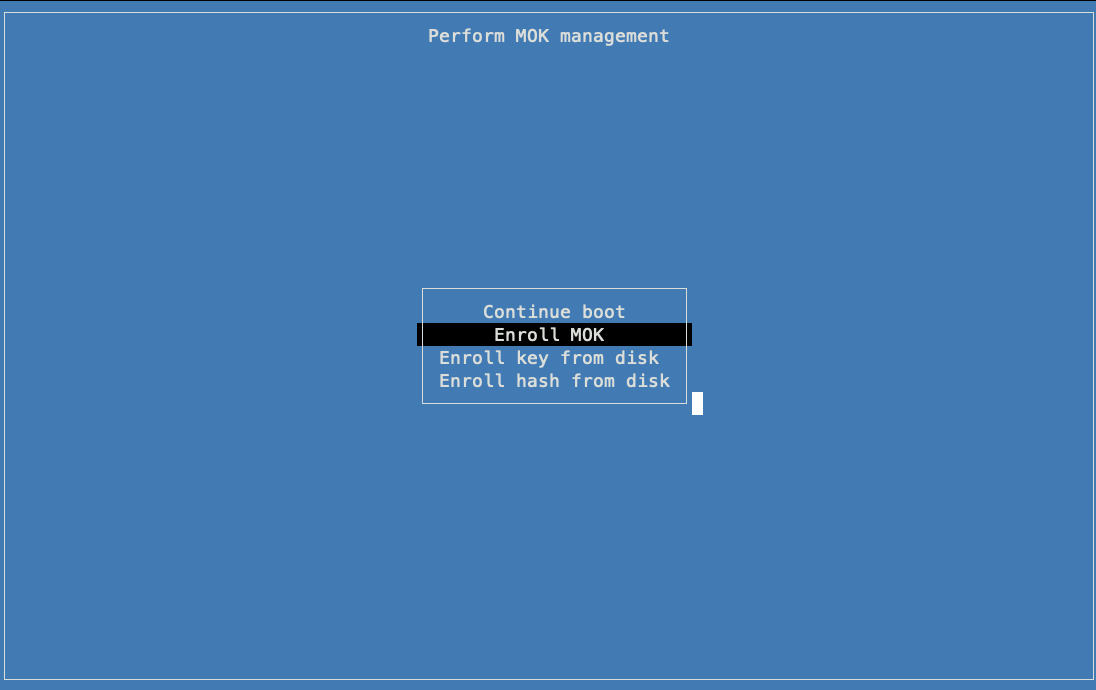 Bildschirm für die MOK-Verwaltung in der seriellen Konsole der VM mit hervorgehobenem „MOK registrieren“