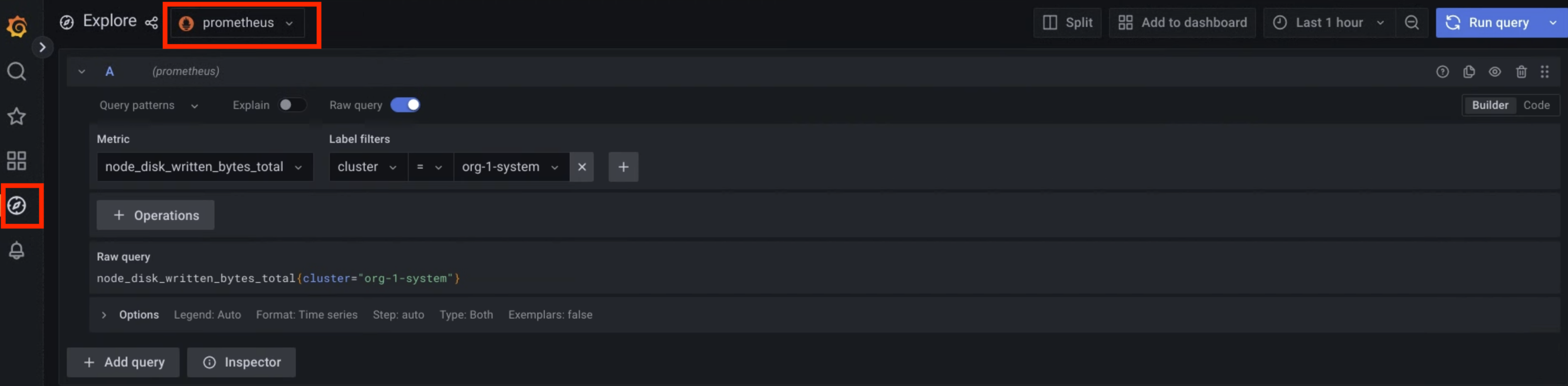 La opción Prometheus está seleccionada en la página Explorar para obtener métricas.