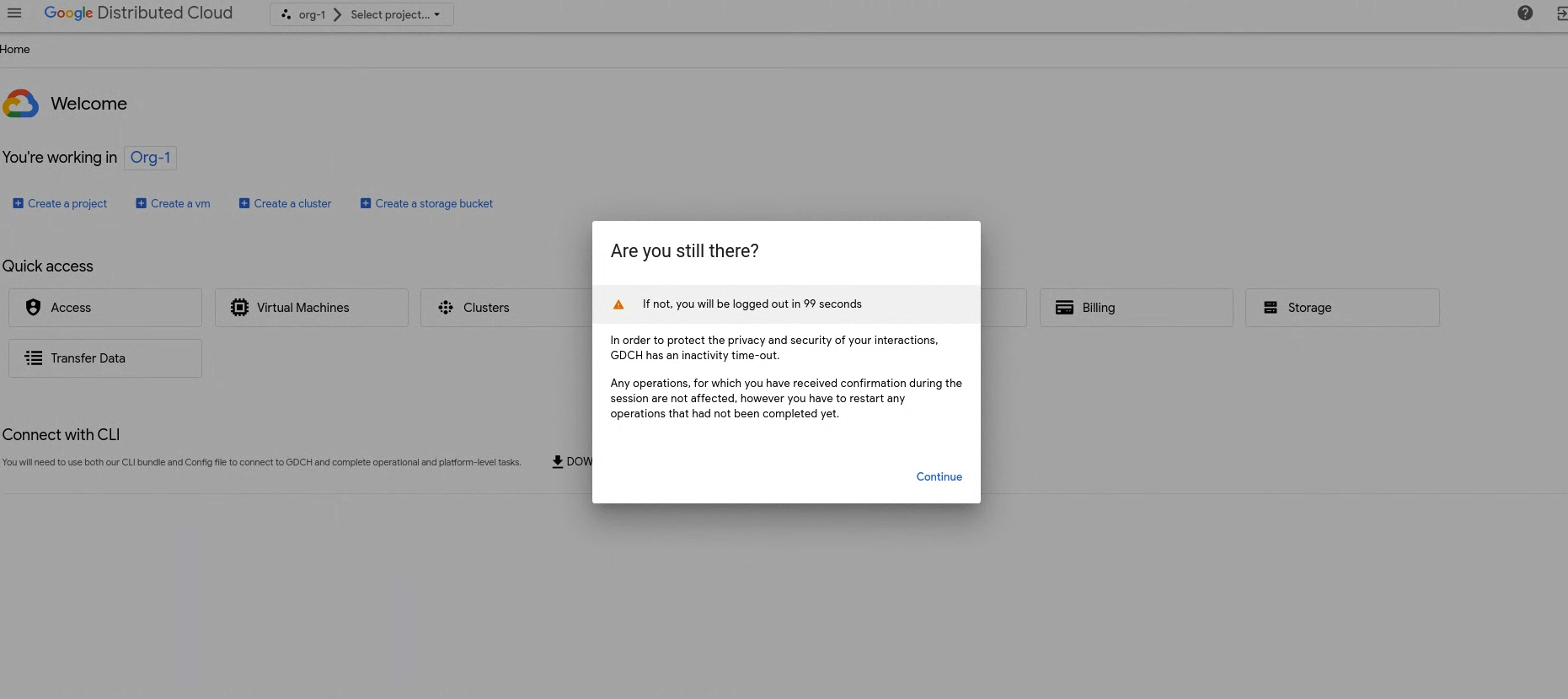 Interface utilisateur de la console affichant une boîte de dialogue avec un minuteur de 99 secondes avant la déconnexion de l&#39;utilisateur pour inactivité.
