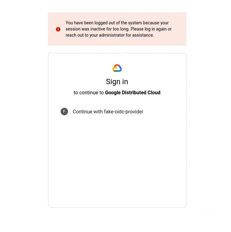A interface do console mostra a tela de login com um banner contendo o texto sobre o encerramento da sessão: "Sua sessão foi encerrada porque ficou inativa por muito tempo. Faça login novamente ou entre em contato com o administrador para receber ajuda."