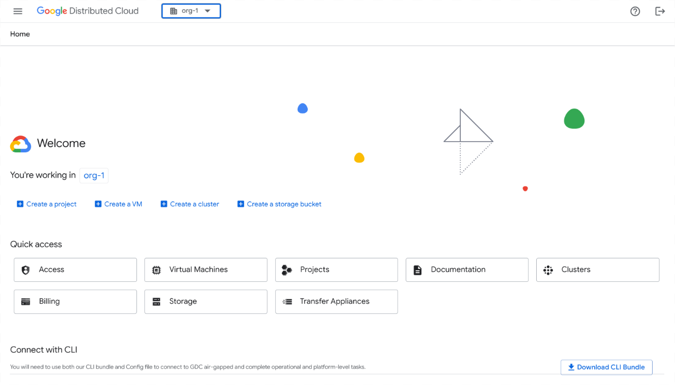 UI Konsol yang menampilkan layar selamat datang untuk project org-1.