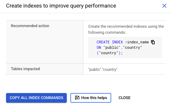 Insight and recommendation window with a create index command to copy.