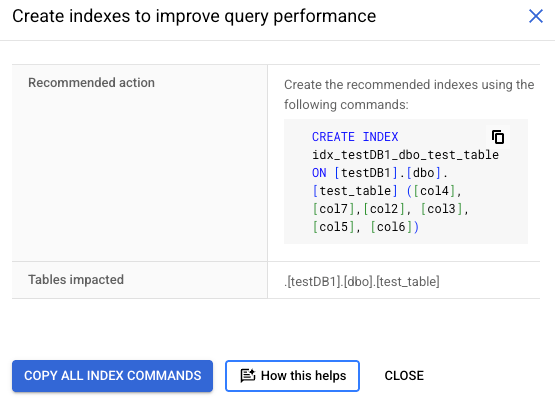 Insight and recommendation window with a create index command to copy.