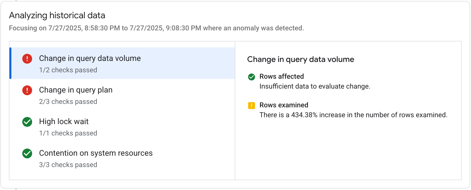 Risultati dell&#39;analisi per una query lenta, inclusi situazione e prove