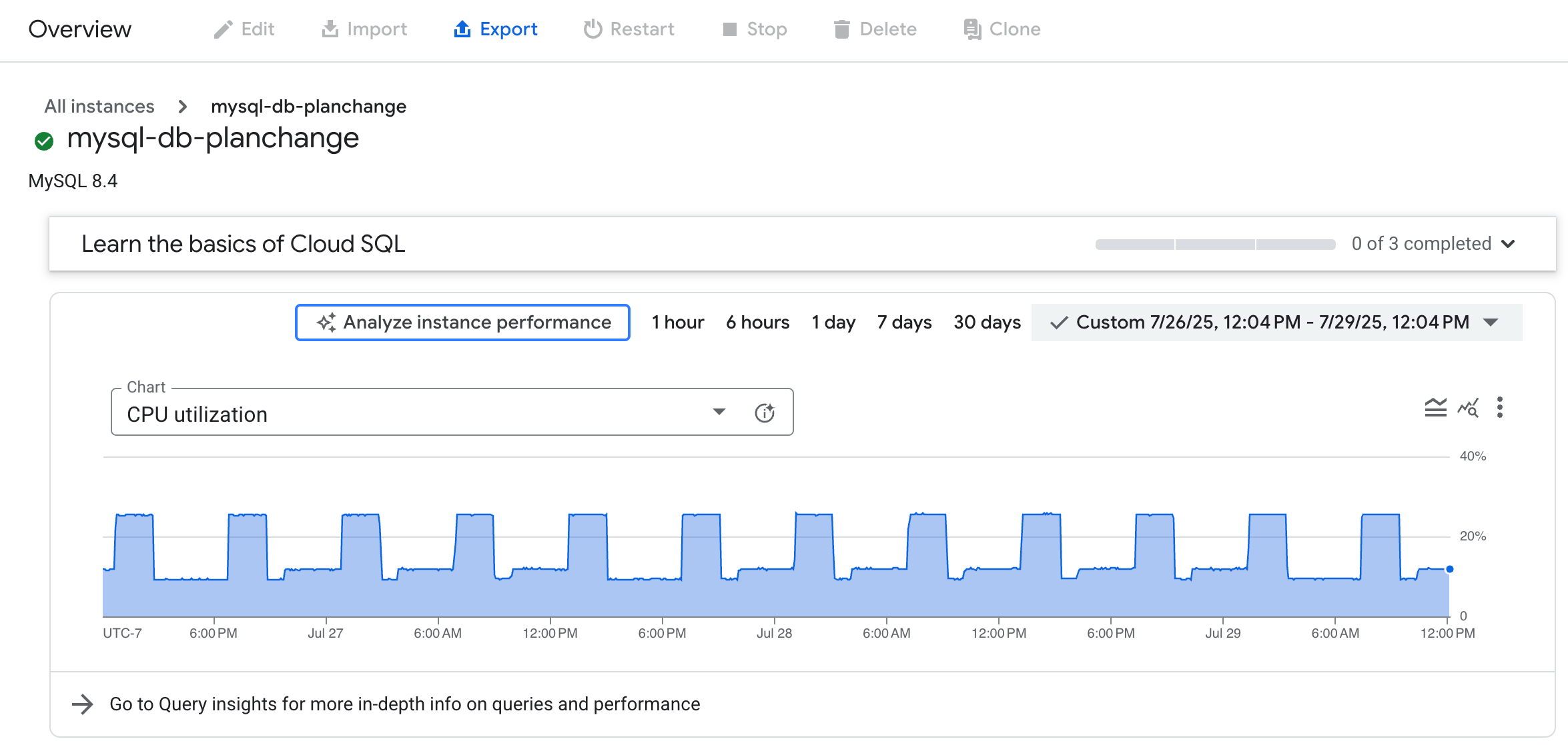 Gráfico de desempenho da base de dados na página Vista geral que mostra a utilização da CPU durante um período de 24 horas e uma opção para analisar o desempenho da instância.