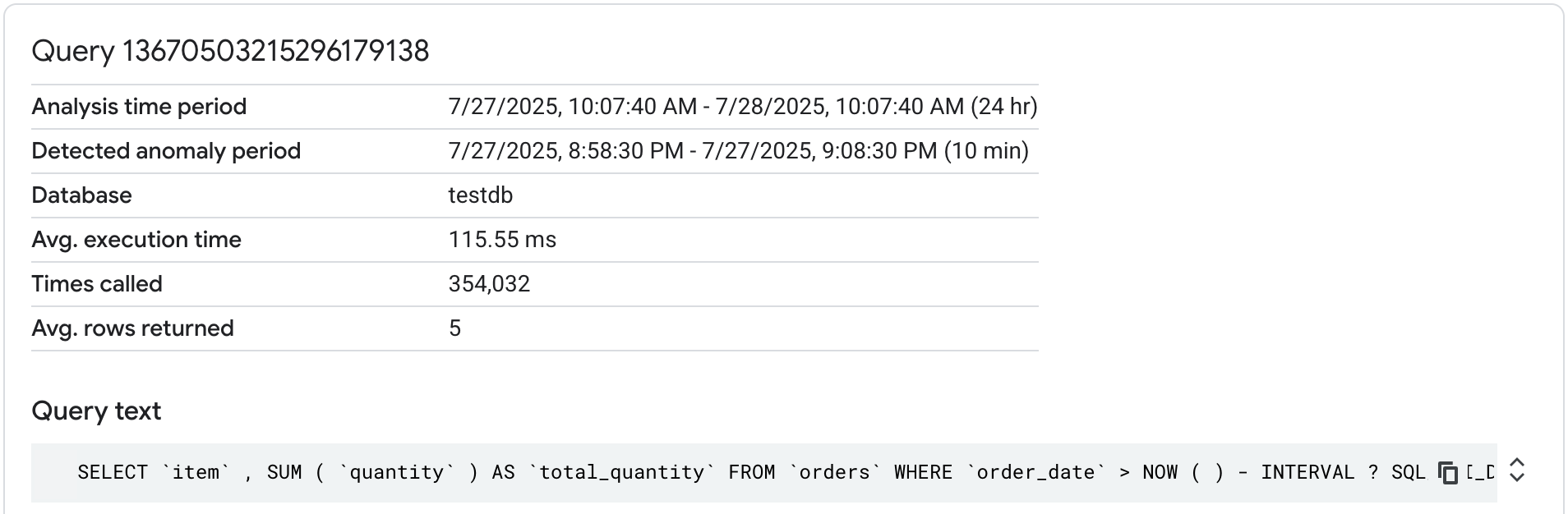 Query analysis information screen