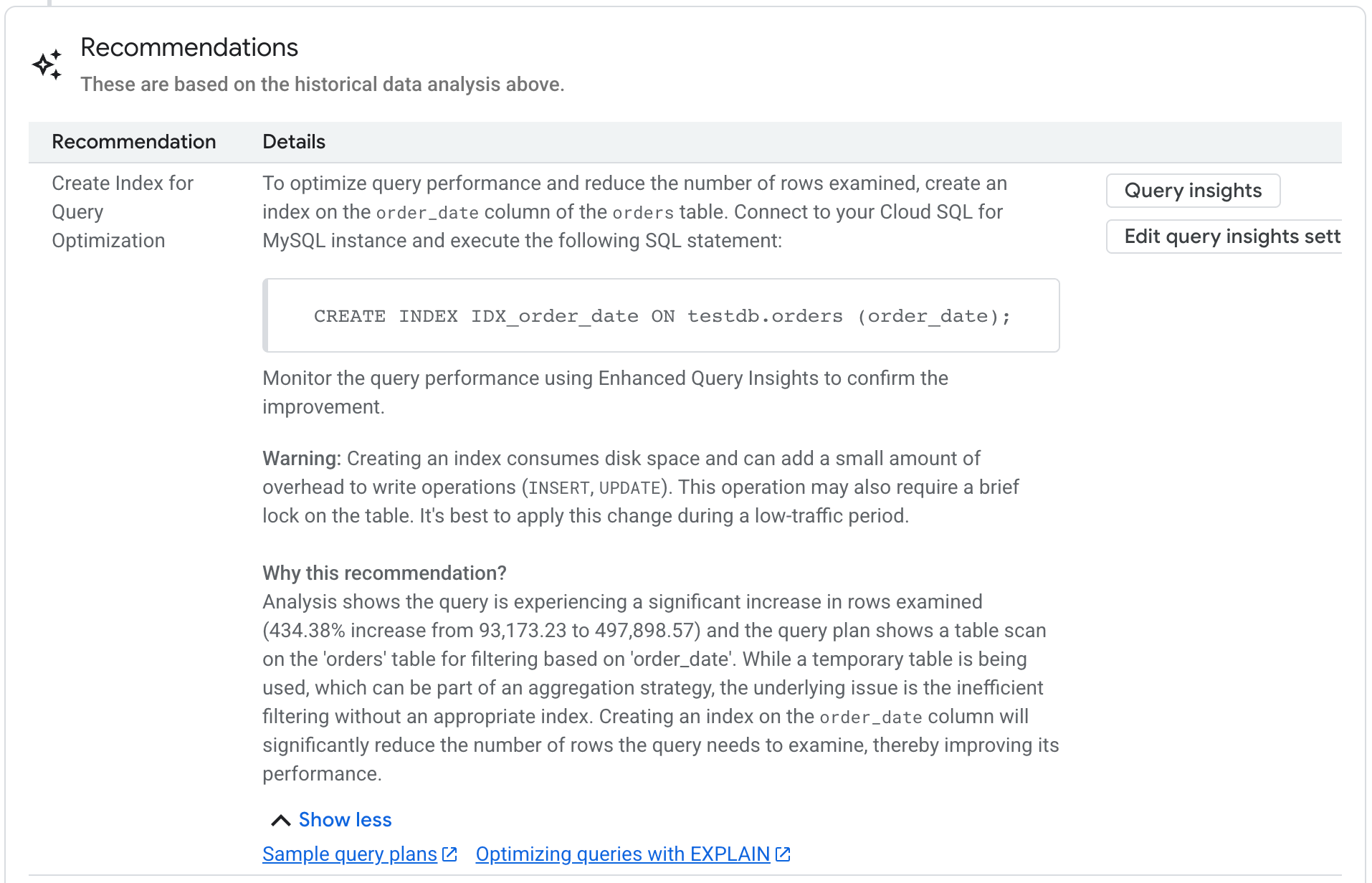 Recommandations pour les requêtes lentes pour MySQL, y compris des liens vers la documentation.