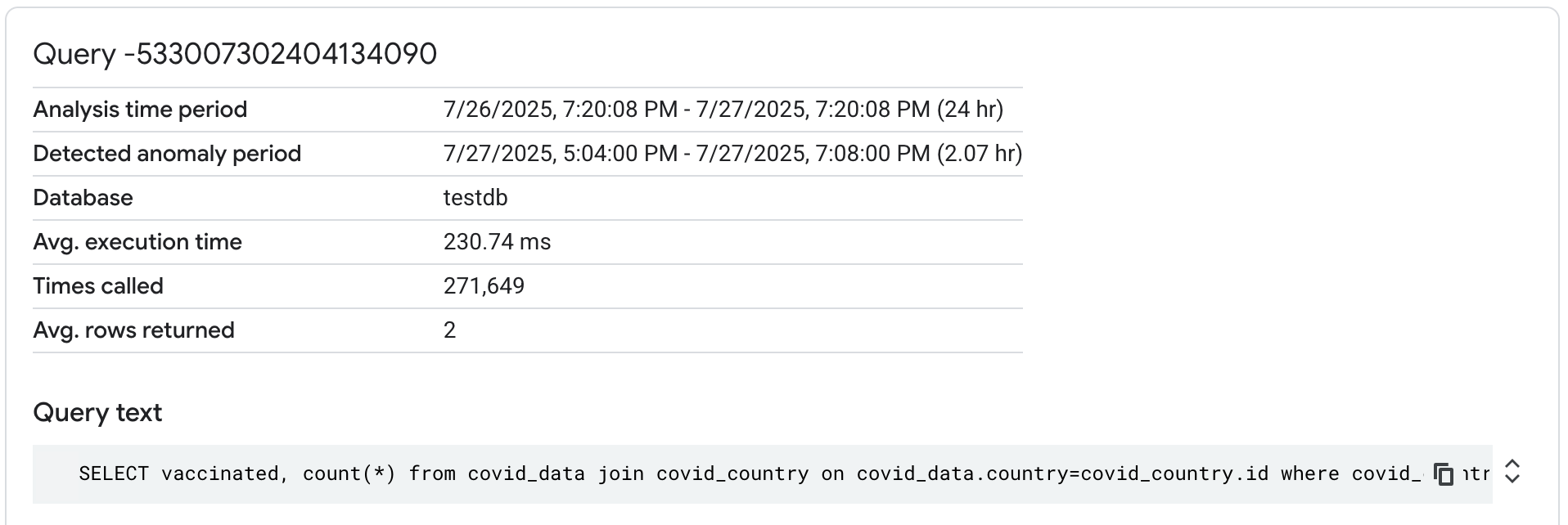 Query analysis information screen