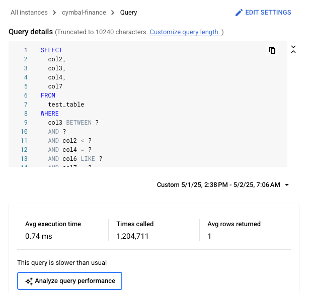 Query details screen with a slow query message and an Analyze query performance option
