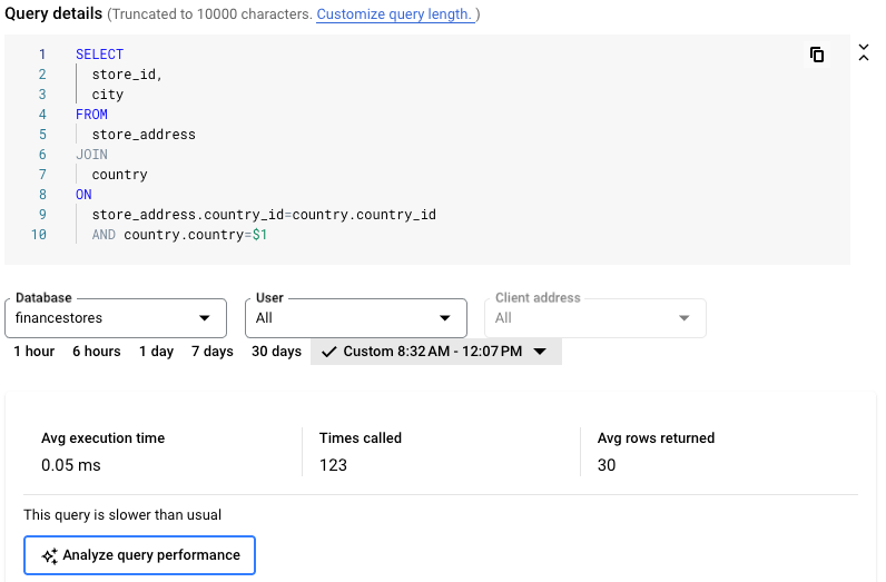 Écran &quot;Détails de la requête&quot; avec un message de requête lente et une option &quot;Analyser les performances de la requête&quot;