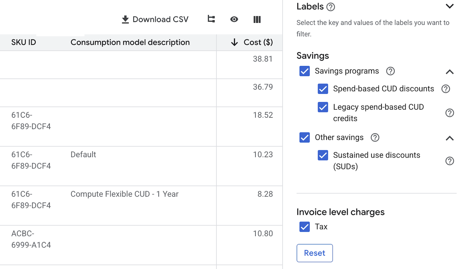 節約額フィルタの表示