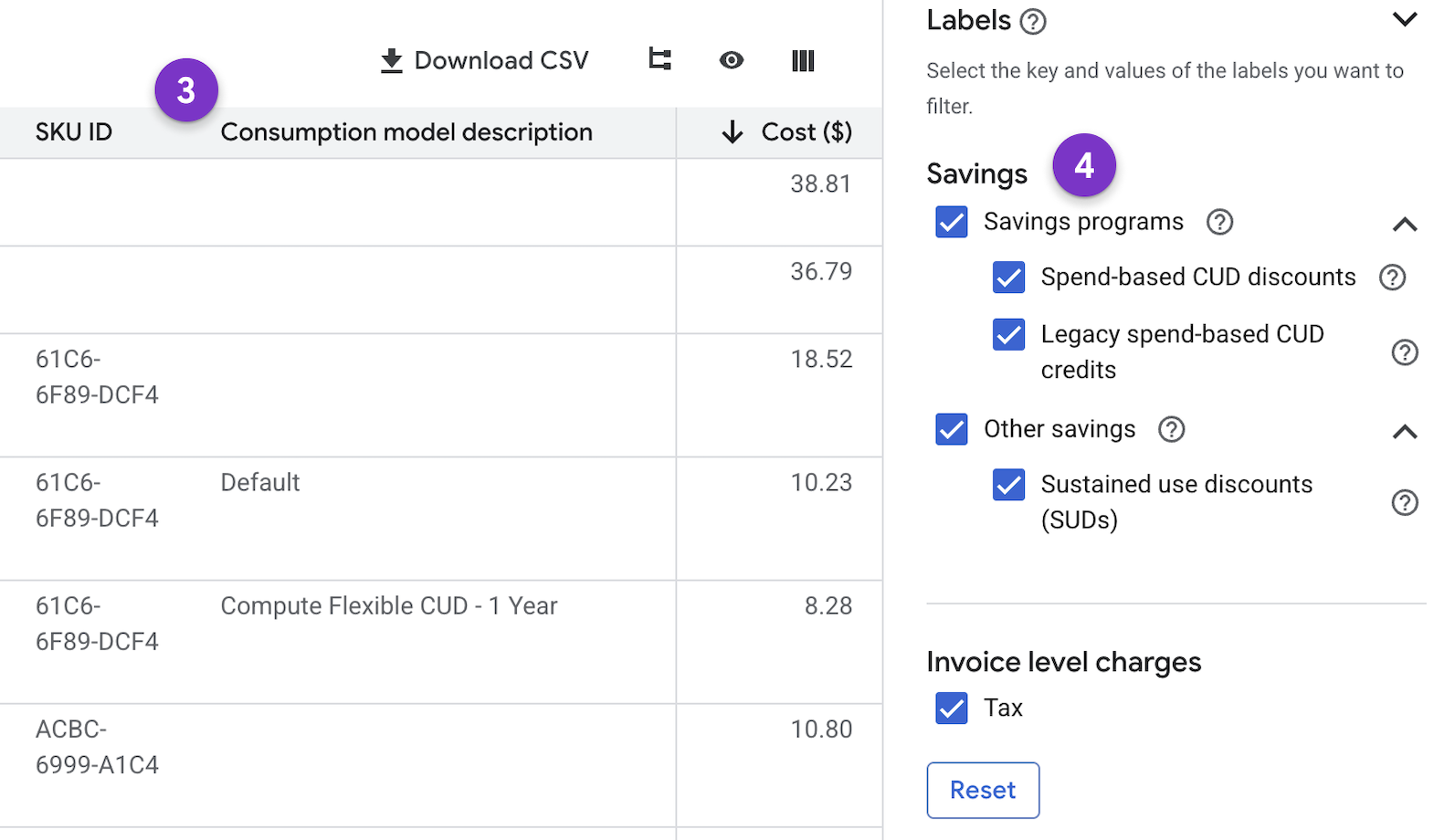 Screenshot of the savings filter