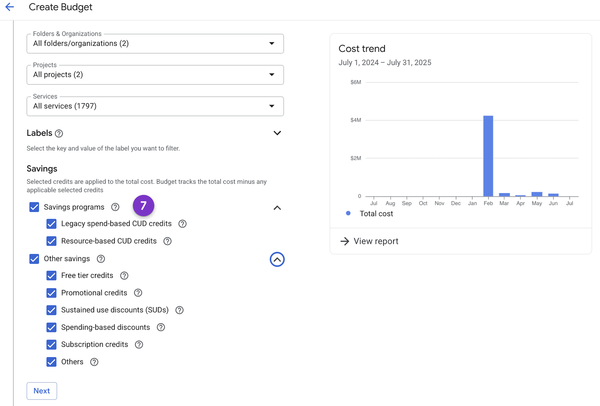Screenshot of the savings options in the budget scope.