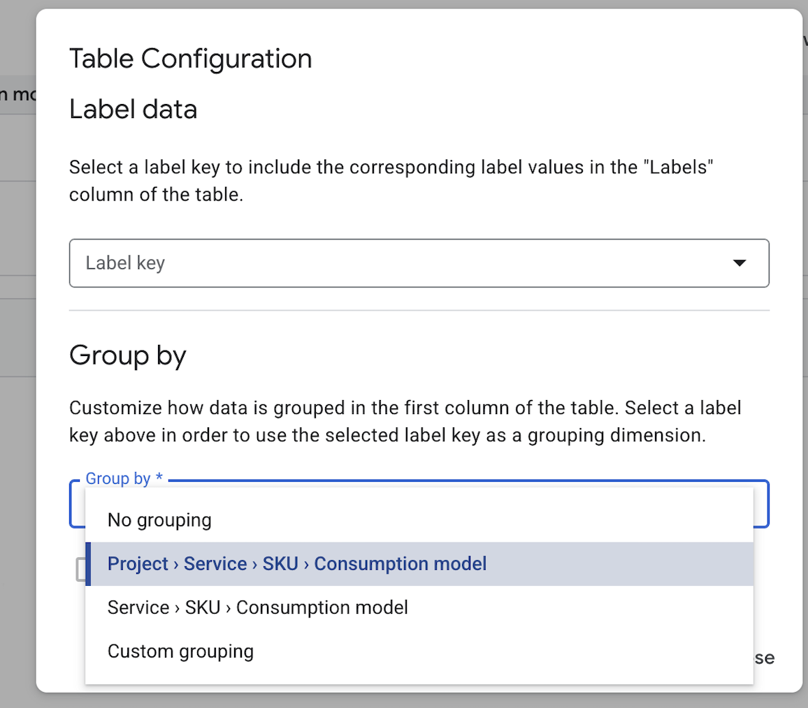 Table configuration settings in the cost
table report.
