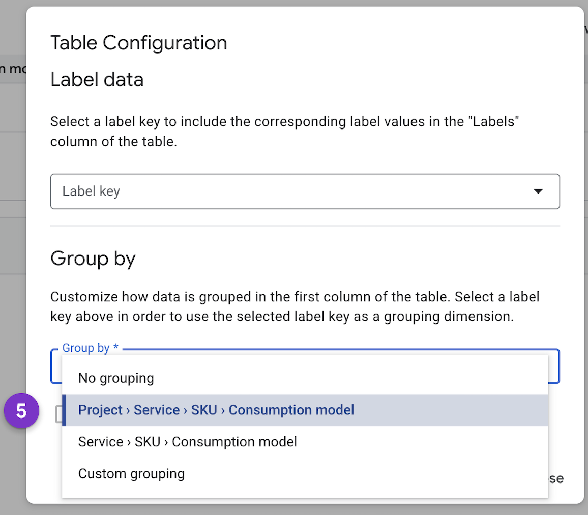 Captura de tela das configurações de configuração da tabela no relatório da tabela de custos.