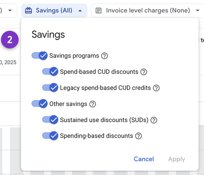 Example of the savings filter in cost Reports