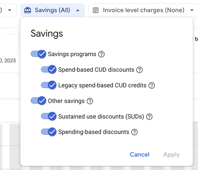 Example of the savings filter in cost Reports