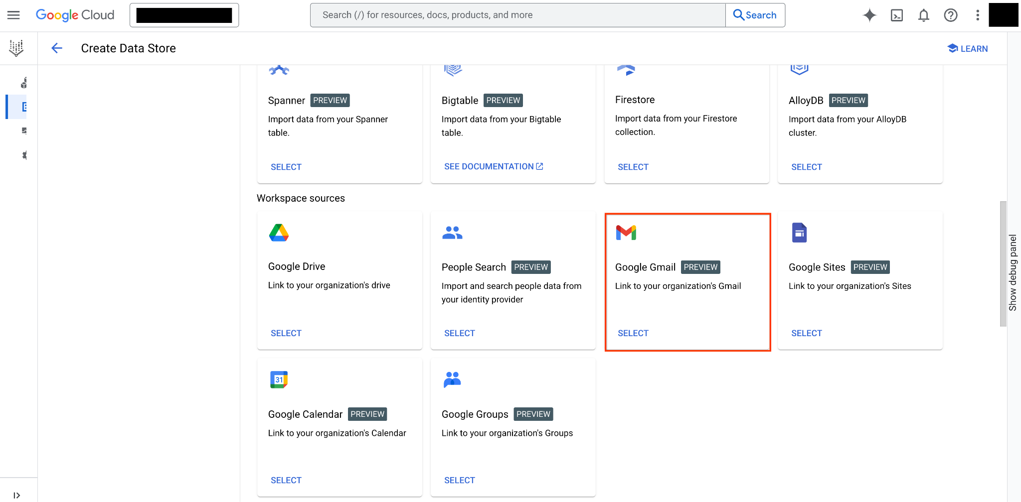 Google Gmail 소스 선택