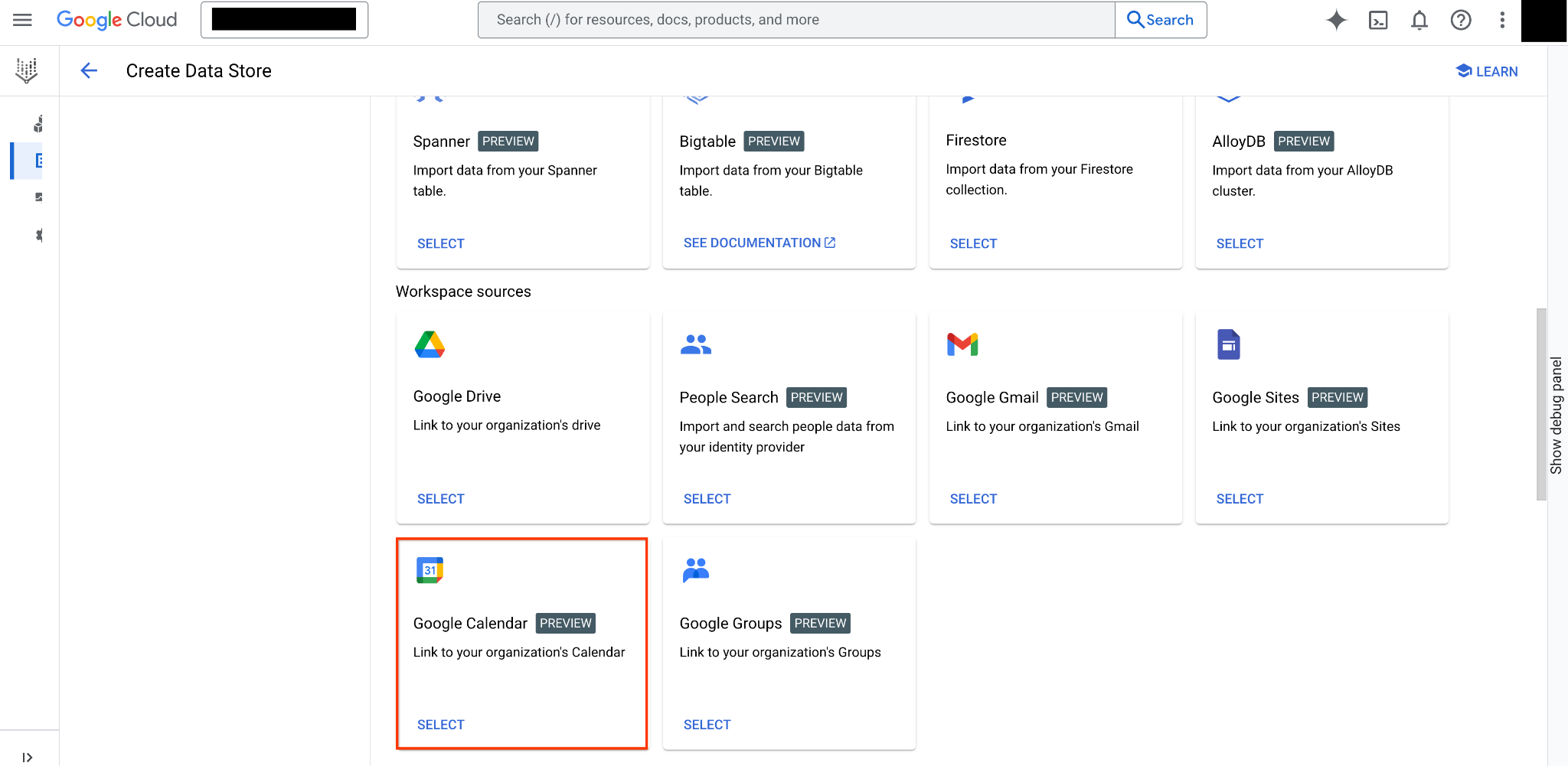 Wählen Sie die Datenquelle „Google Kalender“ aus.