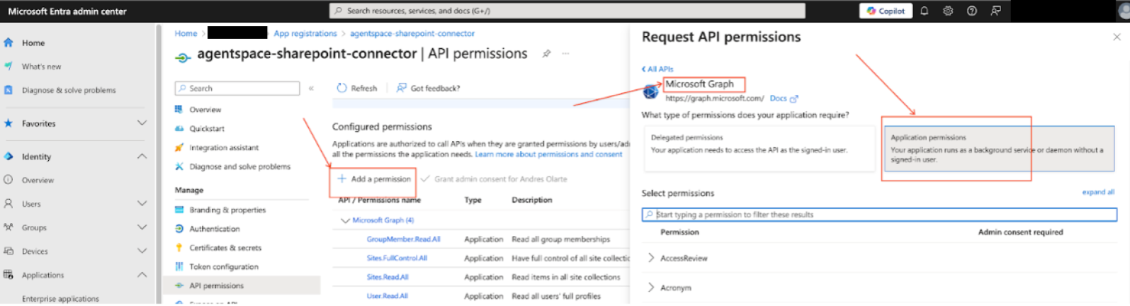 Selecione as autorizações da API