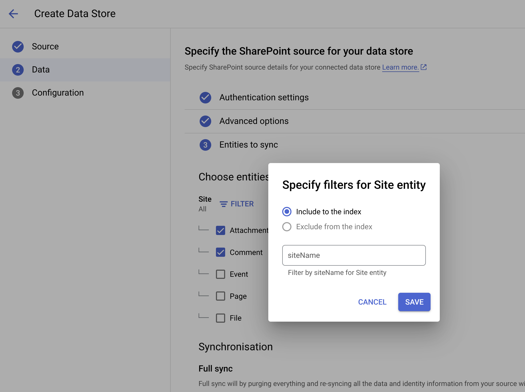 Specify the filters to include site entities