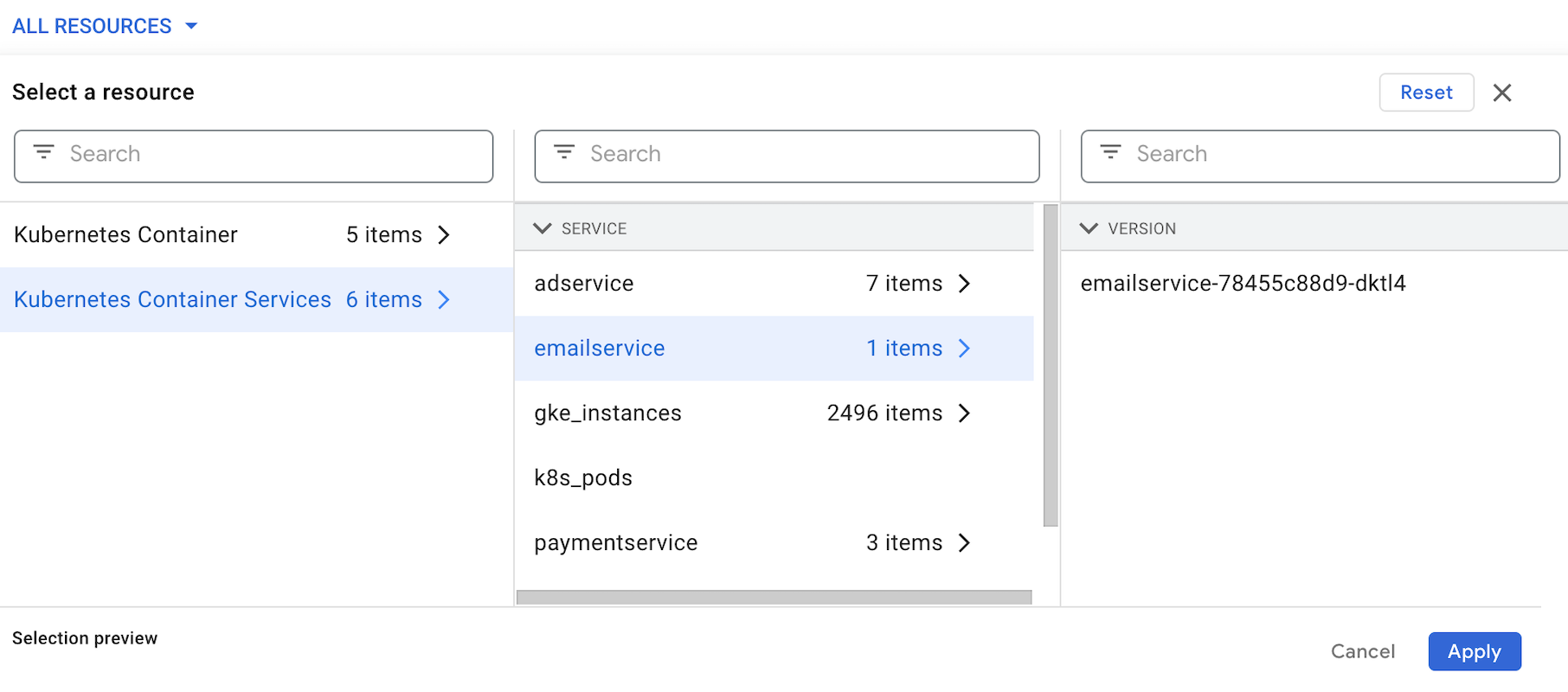 Das Menü „Ressourcenfilter“ in Error Reporting mit den verfügbaren Filtern für Labels von Fehlergruppen für die Ressource „Kubernetes Container Services“.