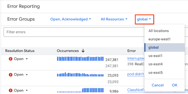 O menu &quot;Região&quot; na página &quot;Grupos de erros&quot;.