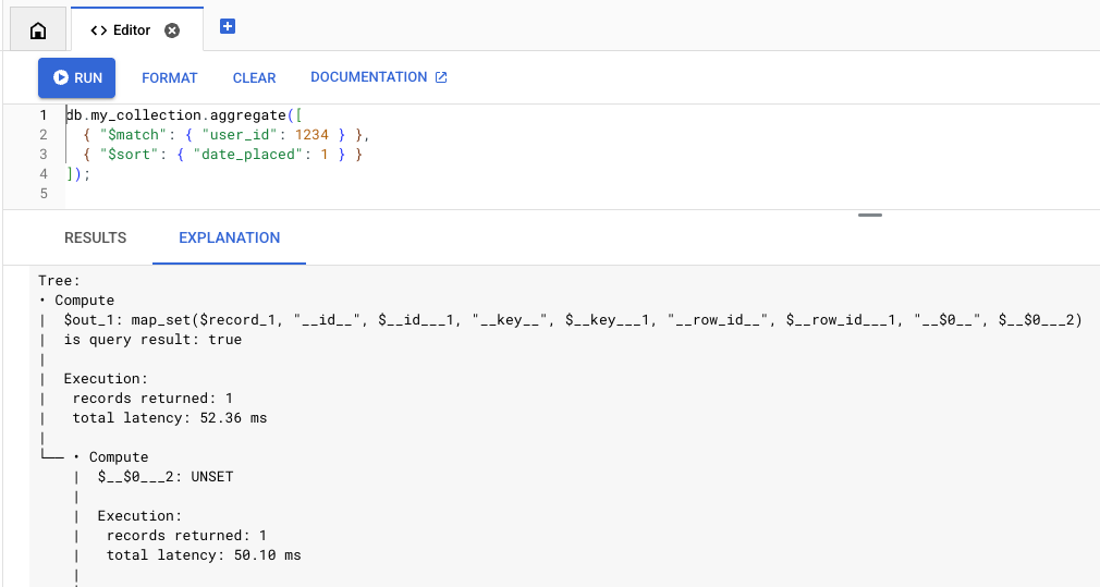 Separador Query Explain na consola