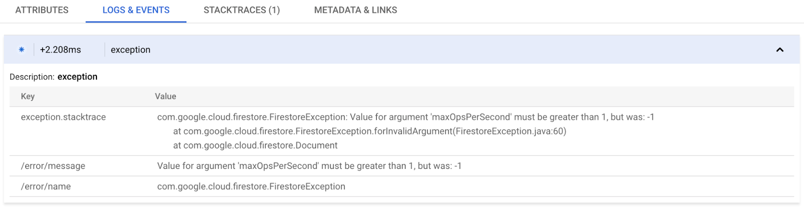 透過 Cloud Trace 檢視的例外狀況事件