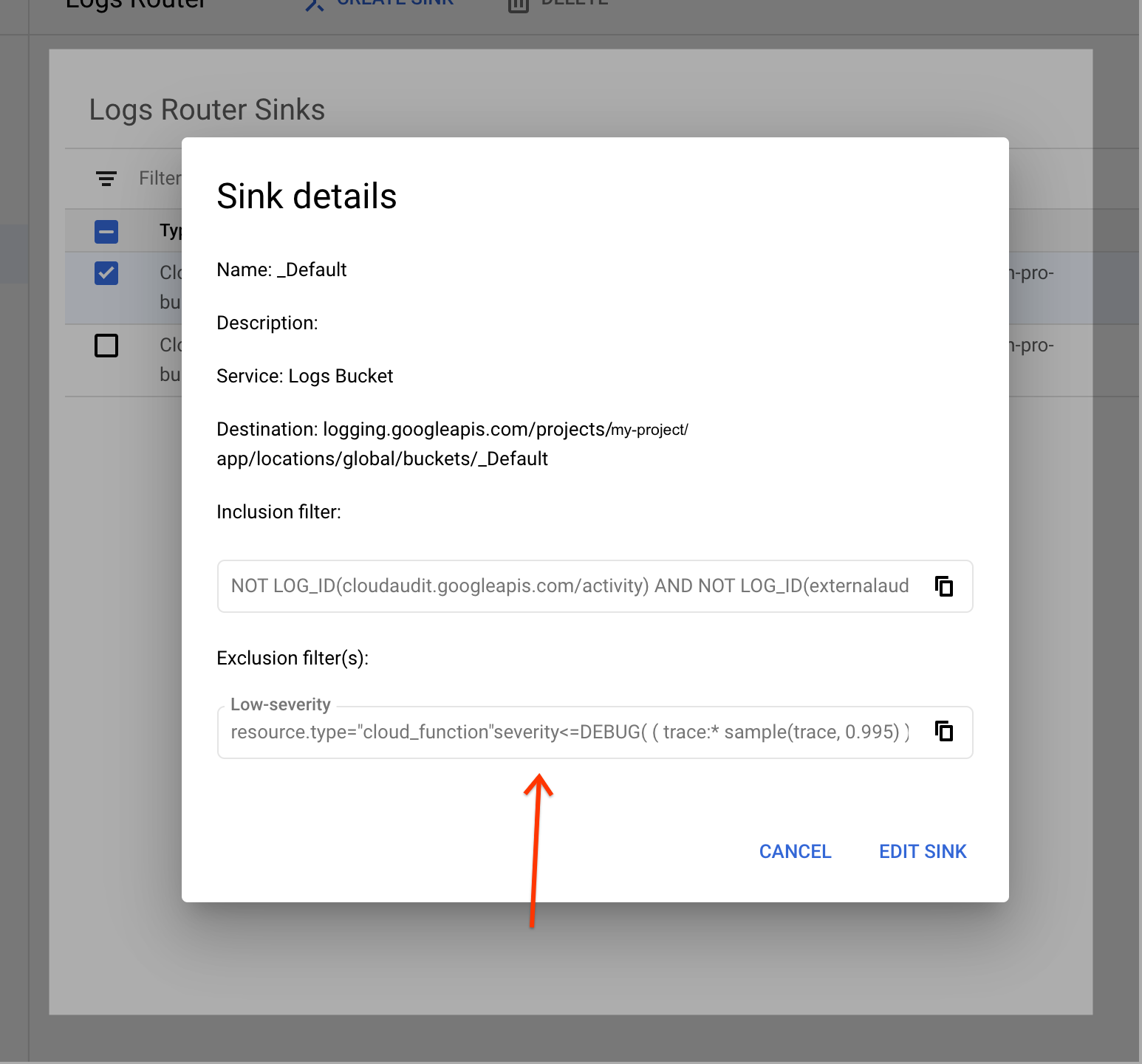 Screenshot della finestra di dialogo Dettagli sink del router dei log nella console che mostra il filtro di esclusione