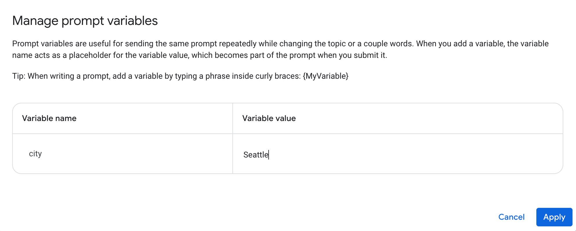 Manage prompt variables dialog