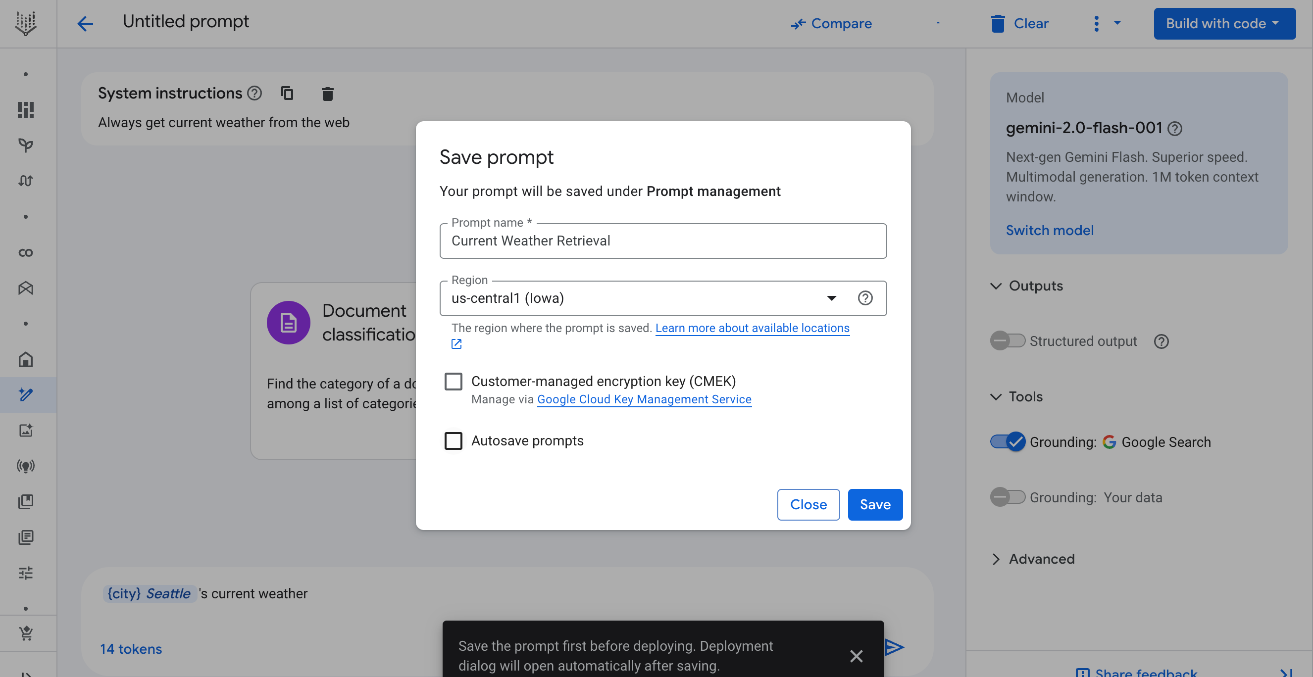 Save prompt first before deployment