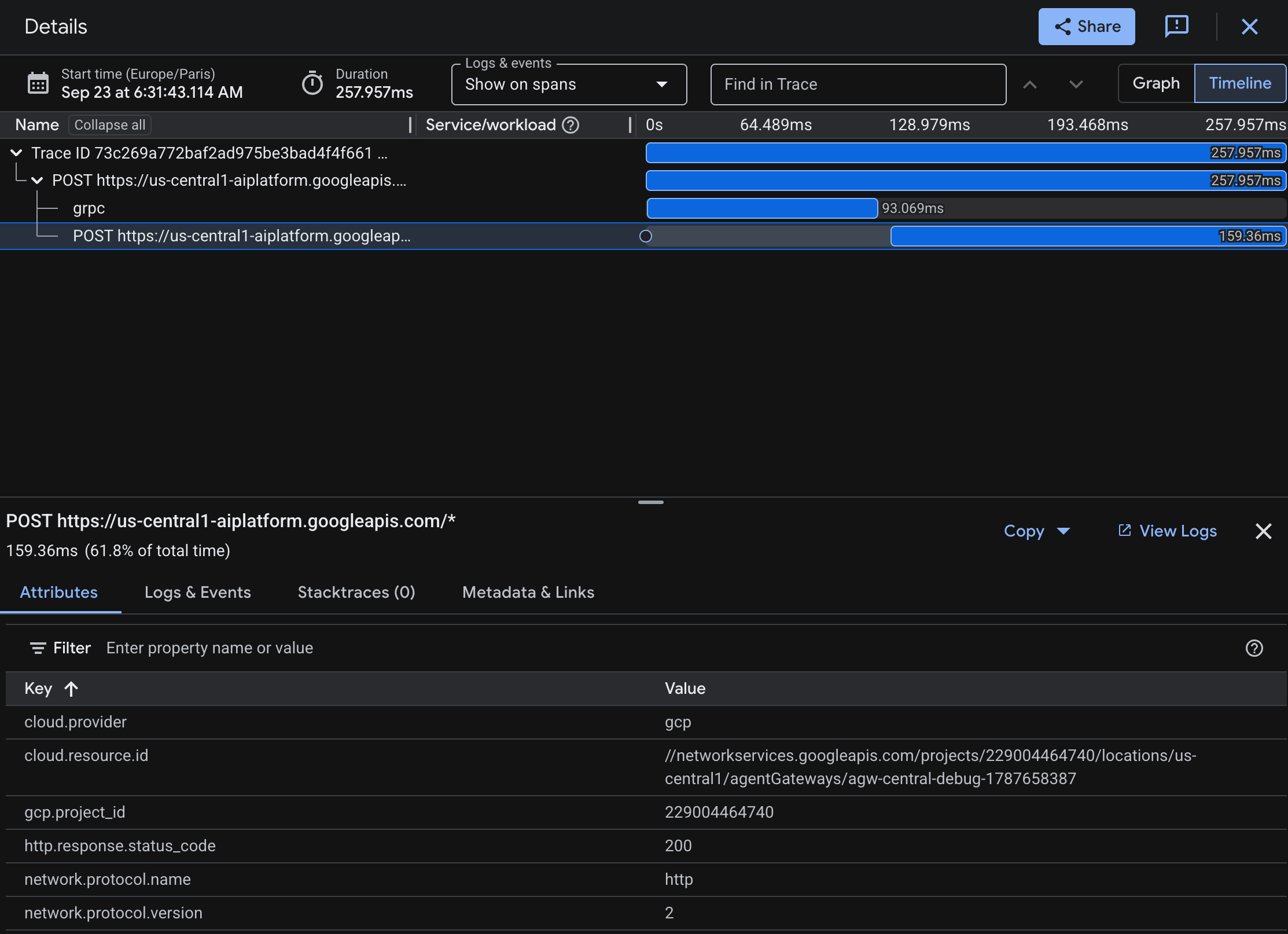 Timeline view in Cloud Trace
