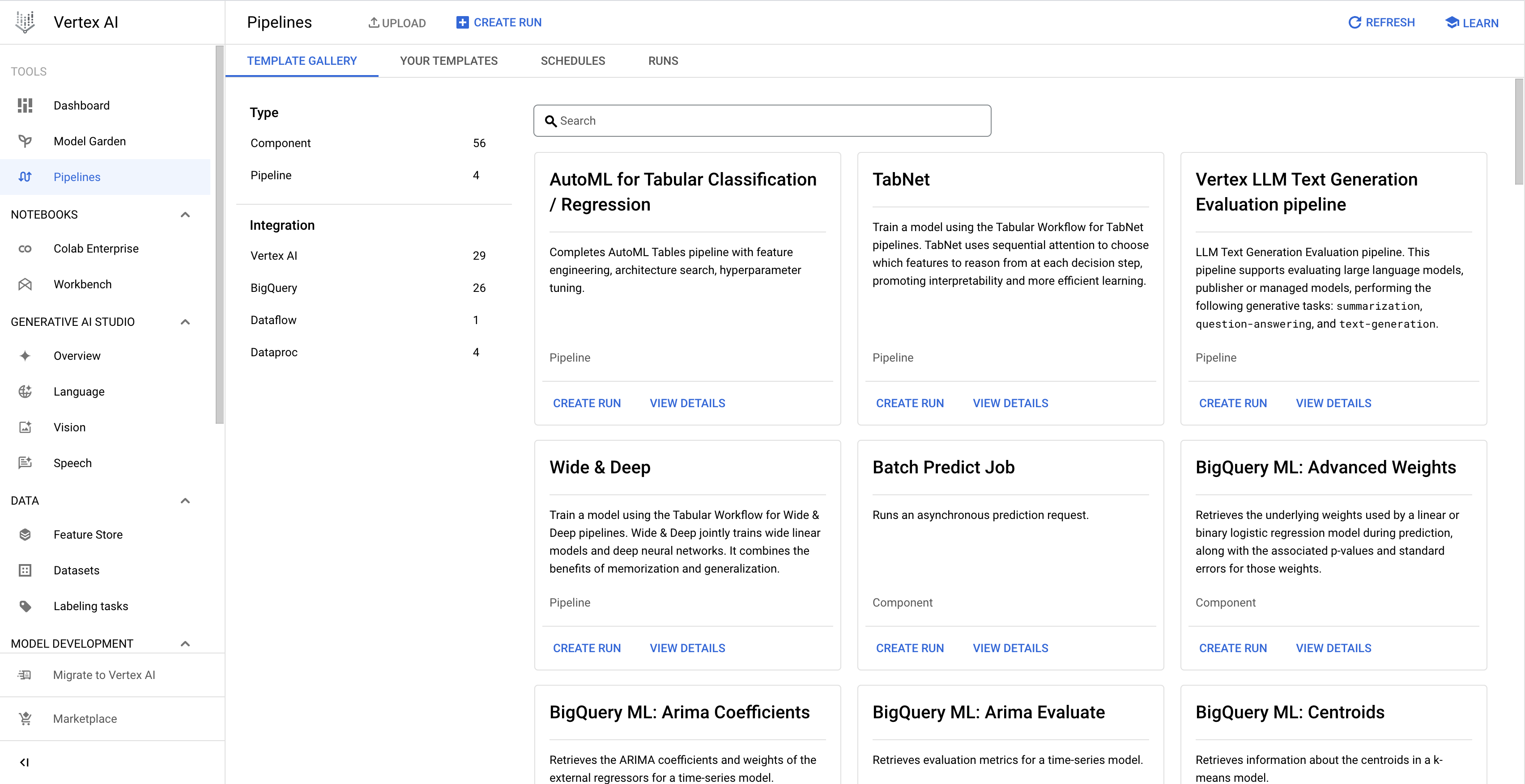 Mostra la pagina della galleria di modelli contenente i modelli di pipeline creati da Google per i workflow tabulari
