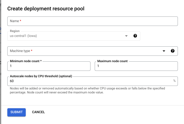 Buat formulir kumpulan resource deployment, dengan jumlah node minimum dan maksimum ditetapkan ke 1 dan Penskalaan otomatis node menurut nilai minimum CPU ditetapkan ke 60